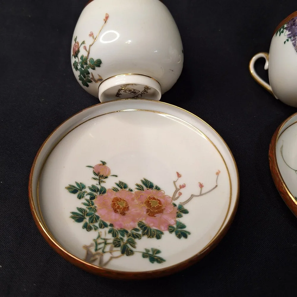 Vintage Set of 2 Soko China Hand Painted Eggshell Porcelain Demitasse Cup Saucer